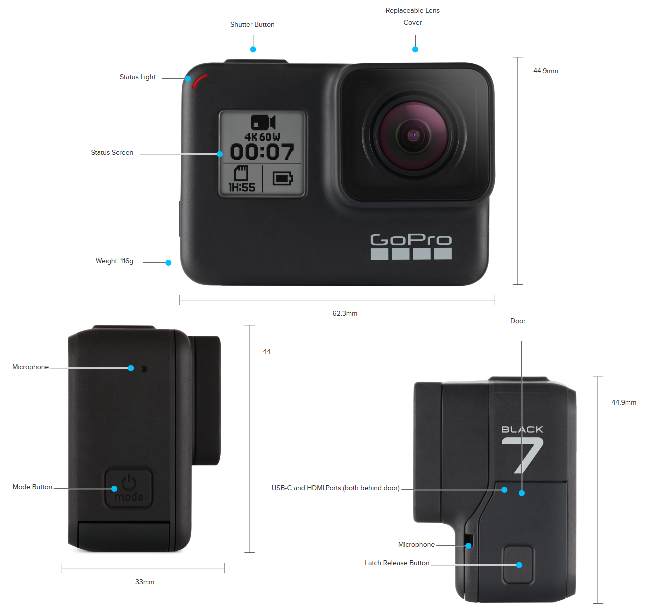 GoPro Action Camera Hero 7 Black's Design - Front, Left and Back Sides