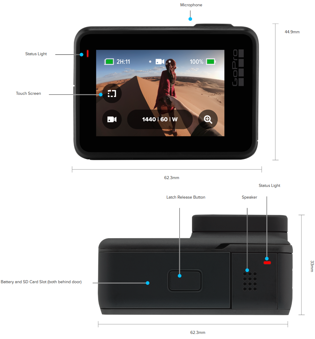 GoPro Action Camera Hero 7 Black's Design - Back and Bottom Sides