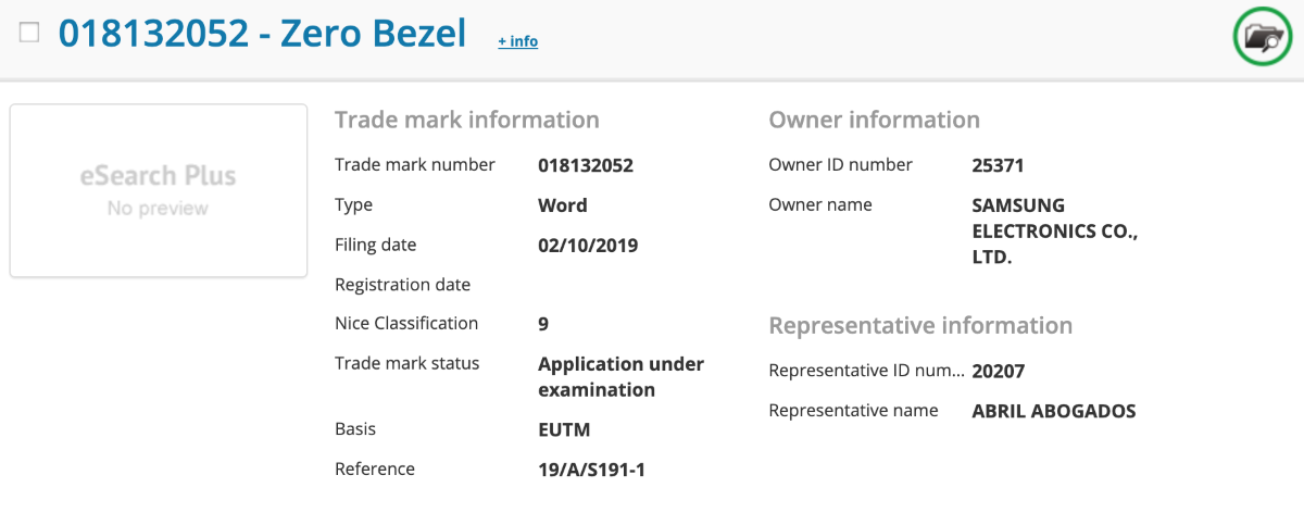 Samsung's Zero Bezel TV 's Trade Mark Information