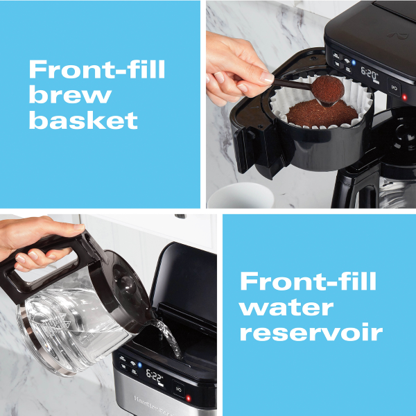 Equipped w/ a front-fill/swing-out brew basket and a front-fill water reservoir