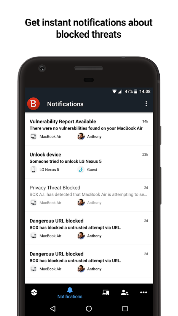 Instant App Notifications about potential threats