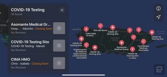 Apple Maps App for Puerto Rico displaying all COVID-19 testing sites