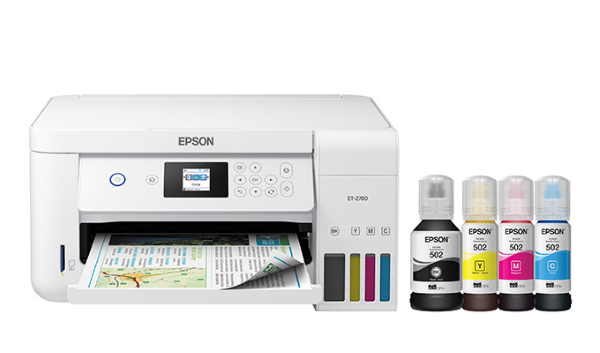 The printer's included replacement ink set packs a total of four EcoTank EcoFit Ink Bottles